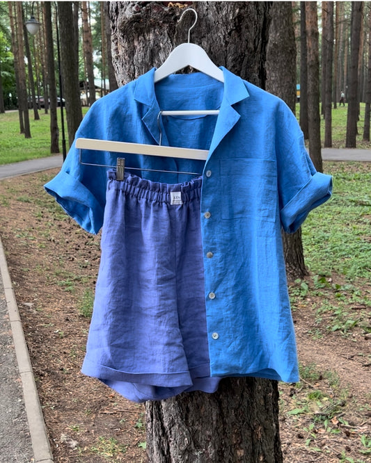 S H I R T 100% washed linen | short sleeve | blue